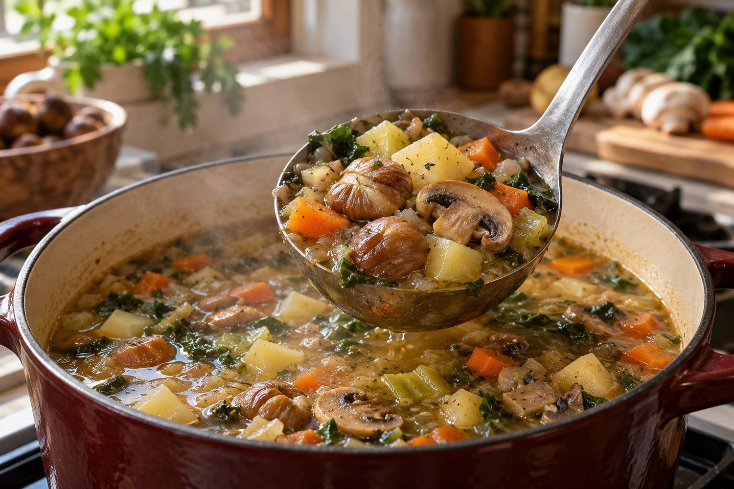 Un mestolo sollevato sopra la pentola di minestrone mostra pezzi di castagna, funghi champignon, patate e carote nel brodo