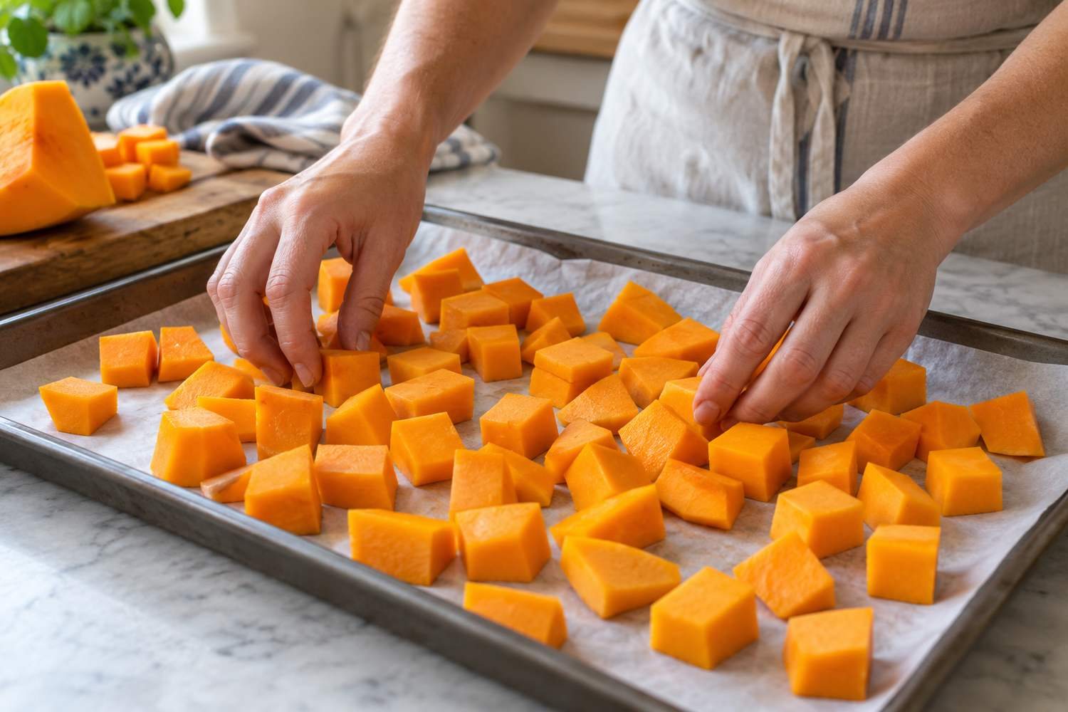 Una mano dispone cubetti di zucca arancione sbucciata su una teglia rivestita di carta da forno