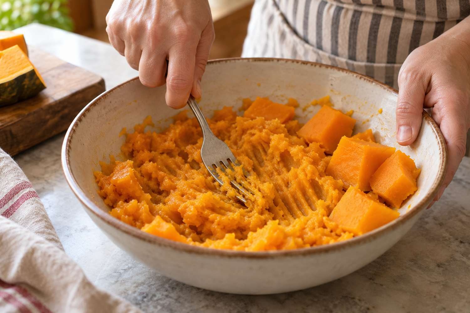 Una forchetta schiaccia la polpa di zucca cotta in una ciotola di ceramica chiara