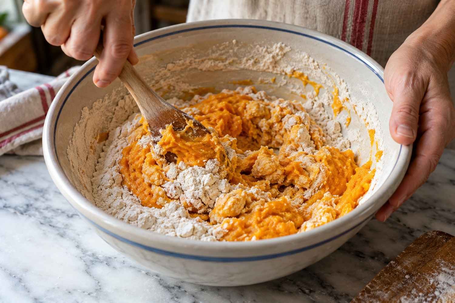 Un cucchiaio di legno mescola la purea di zucca con la farina in una grande ciotola bianca