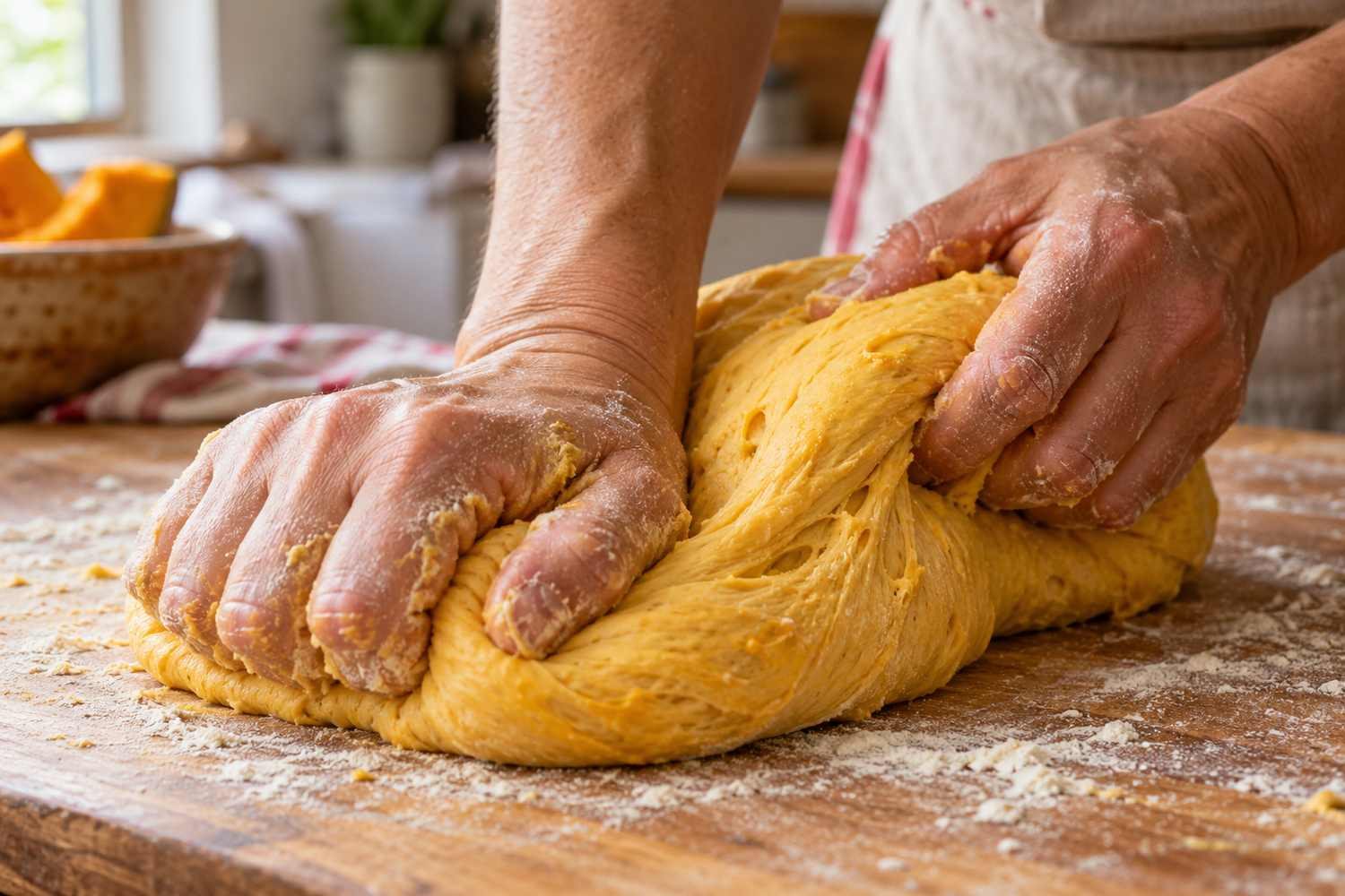 Due mani impastano una pasta di colore giallo intenso sul piano di legno leggermente infarinato