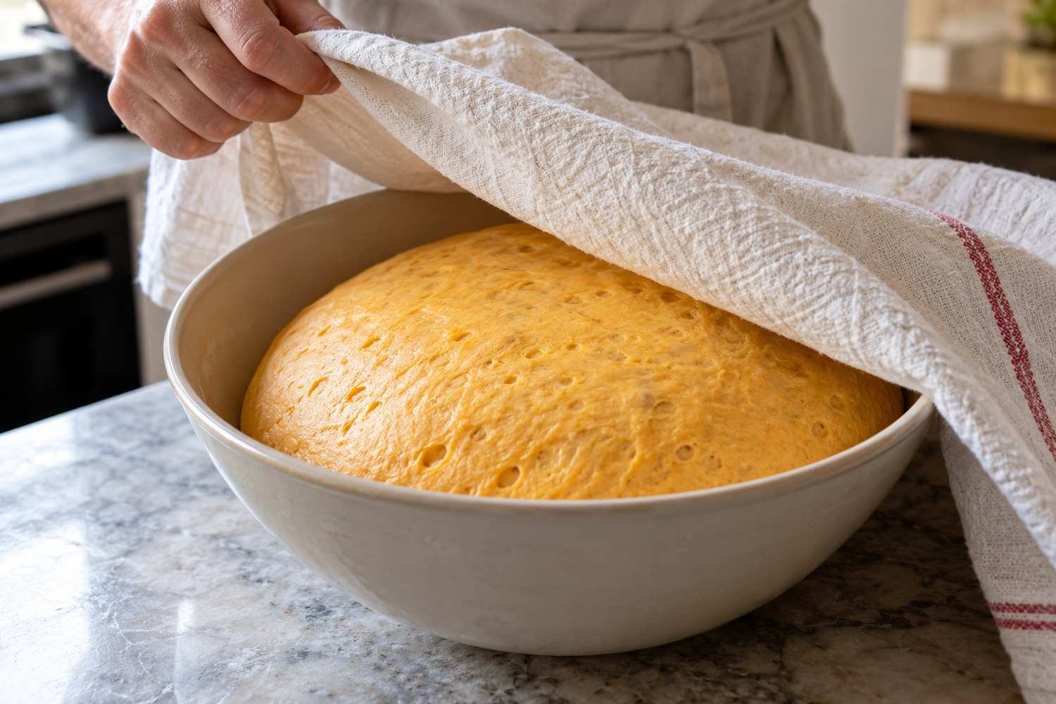 Un canovaccio bianco sollevato scopre l'impasto alla zucca gonfio e arrotondato dentro una ciotola