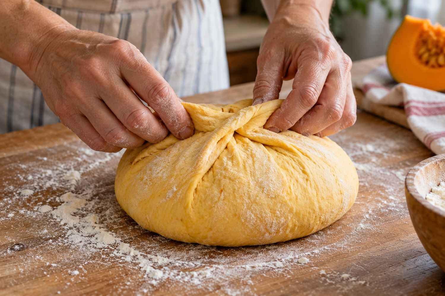 Le mani ripiegano i lembi dell'impasto verso il centro per formare una pagnotta tonda