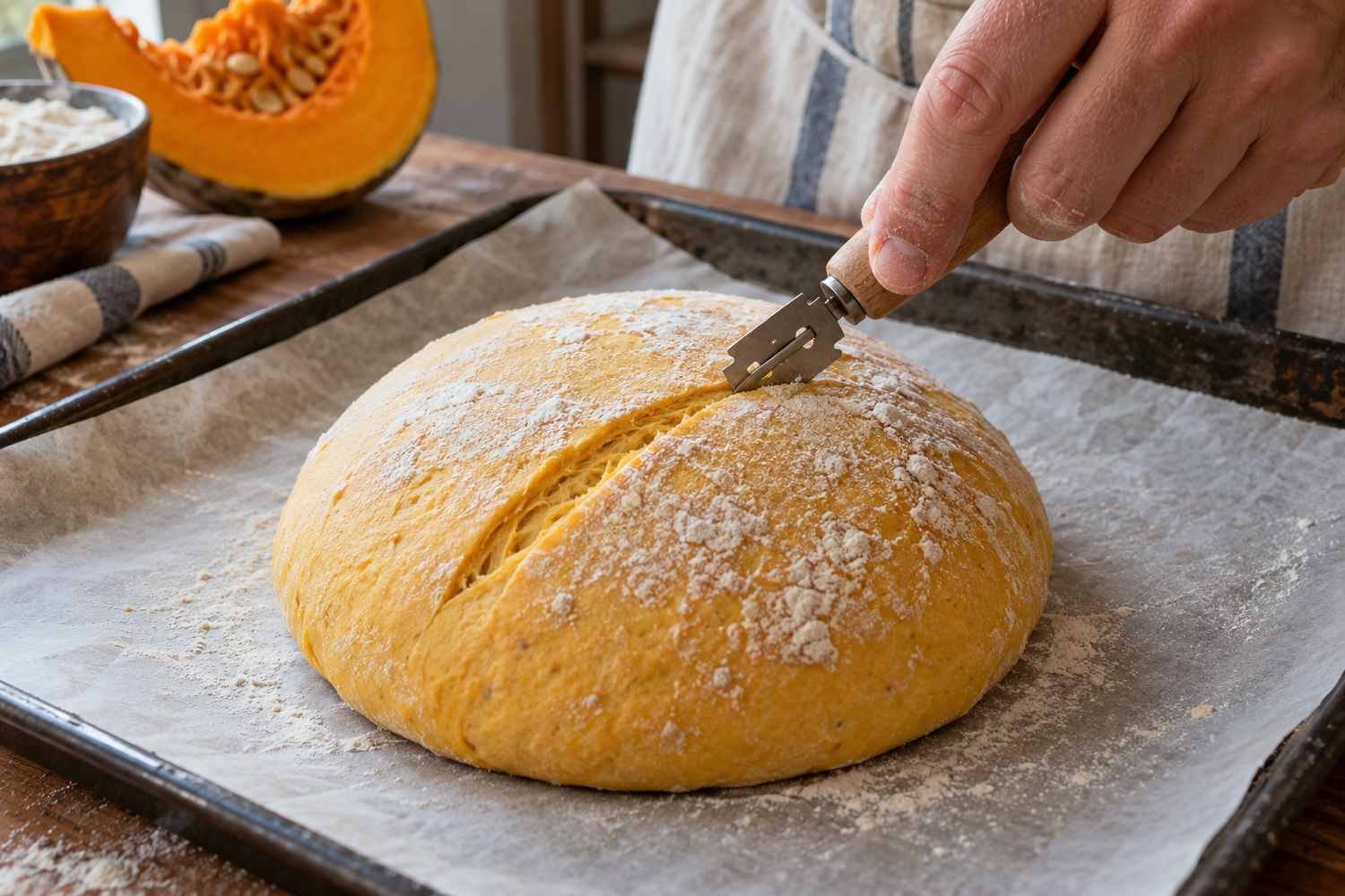 Una lametta incide la superficie infarinata di una pagnotta cruda di colore giallo su carta da forno