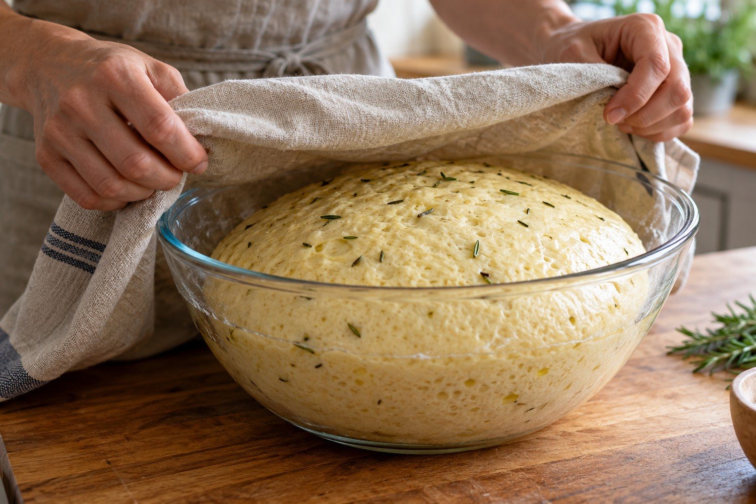 Un telo sollevato dalla ciotola scopre l'impasto giallo al rosmarino gonfio dopo la lievitazione