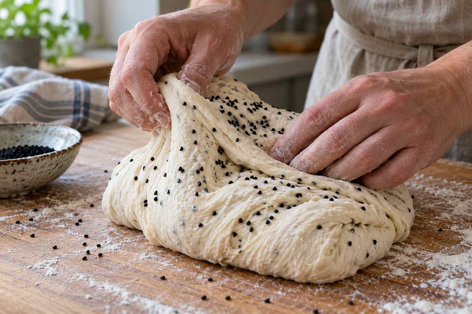 Una mano incorpora piccoli semi neri di nigella in un impasto di pane chiaro