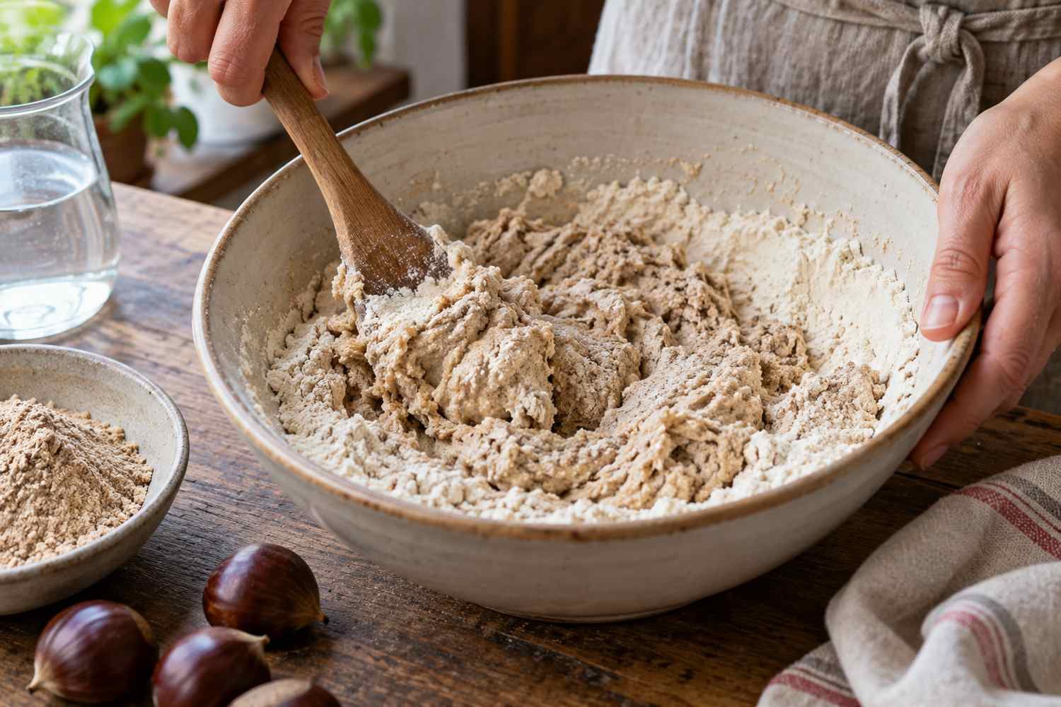 Una spatola mescola farina di castagne e farina di frumento con l'acqua in una ciotola
