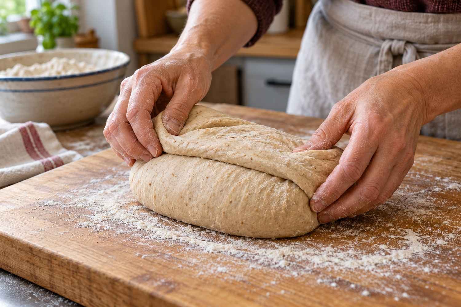 Mani che ripiegano un impasto scuro di pane alle castagne su un piano leggermente infarinato