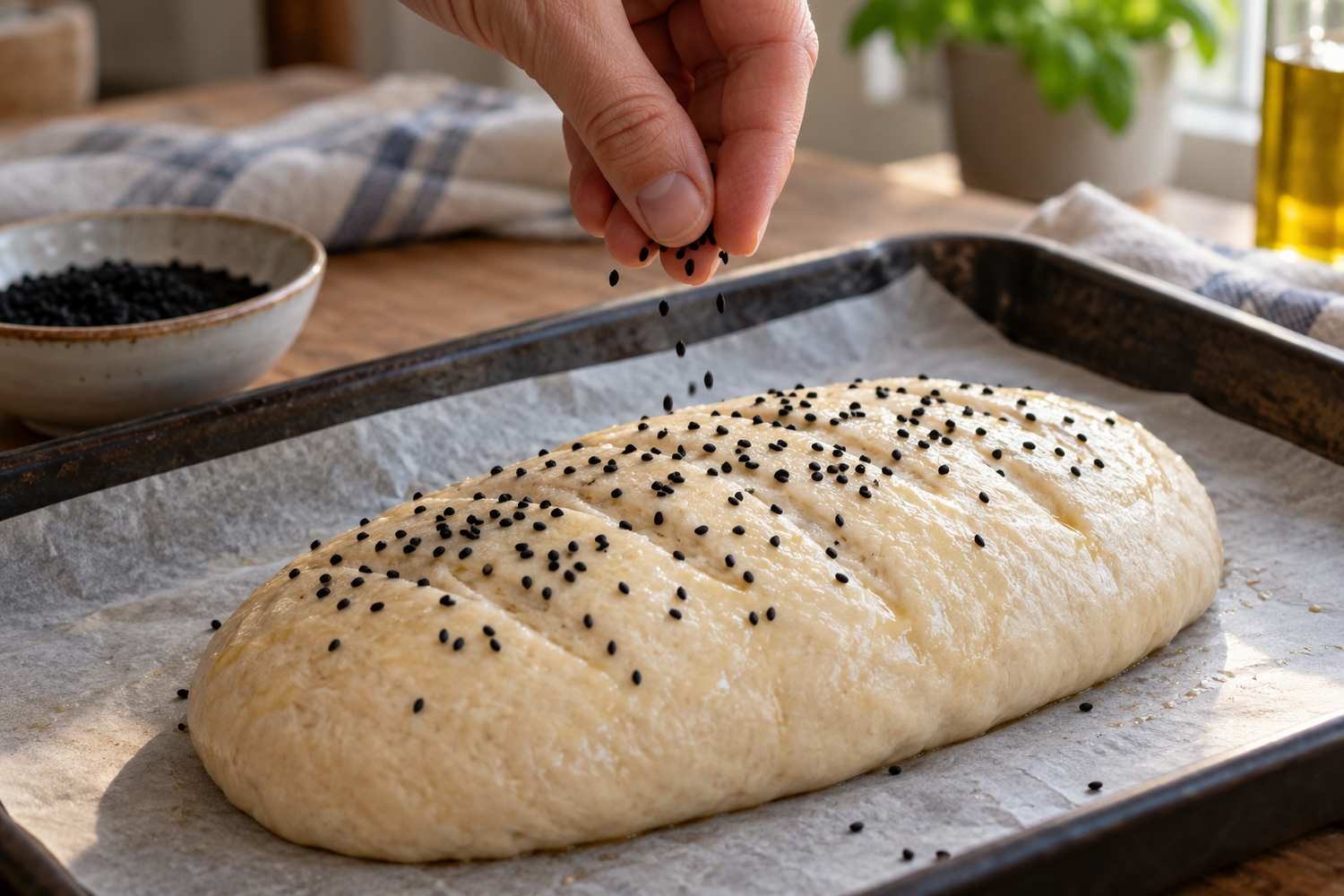 Una mano distribuisce semi di nigella sulla superficie di un filone di pane crudo
