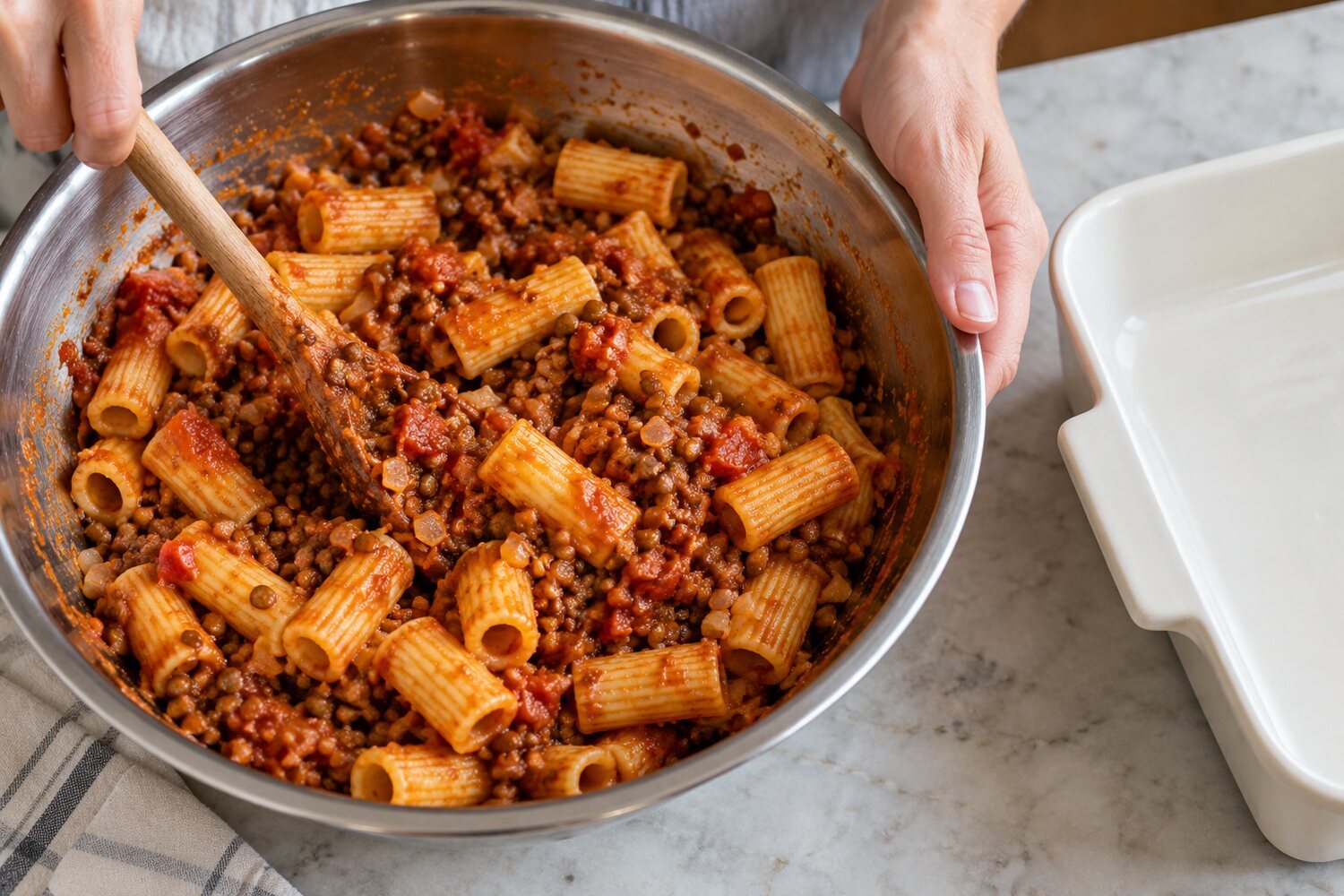 Rigatoni mescolati con lenticchie e sugo di pomodoro in una ciotola prima del passaggio nella pirofila