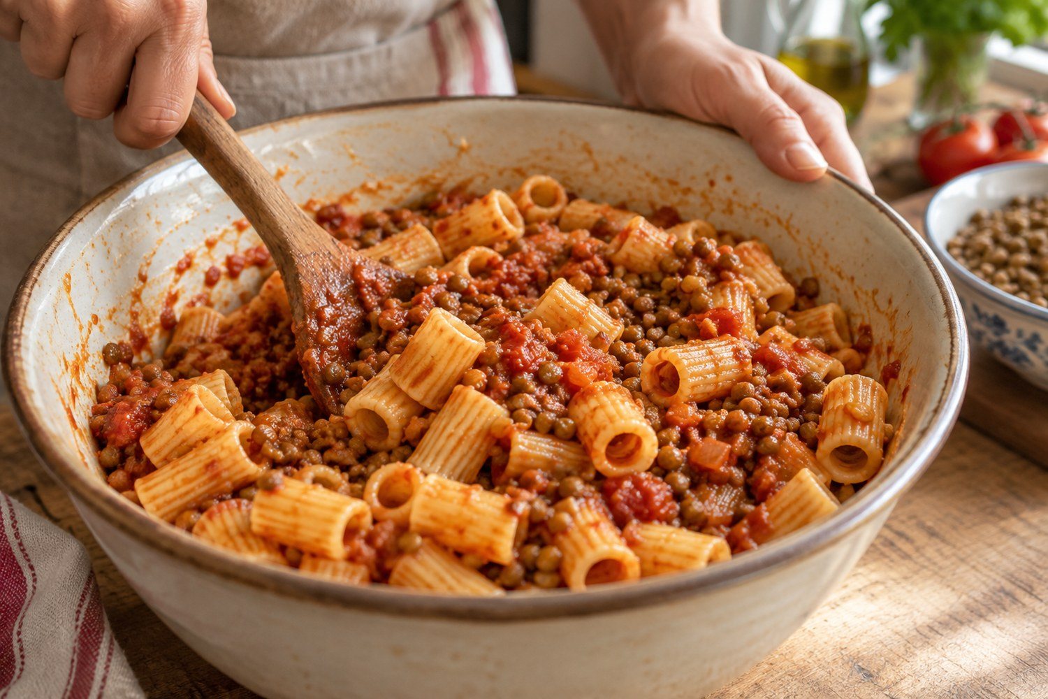 Pasta corta rigata e lenticchie in salsa di pomodoro mescolate con un cucchiaio di legno in una ciotola ampia