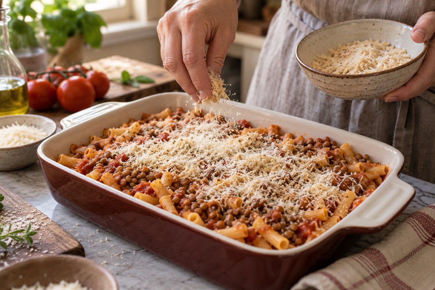 Una mano distribuisce pangrattato e formaggio grattugiato sulla pasta con lenticchie in una pirofila rettangolare