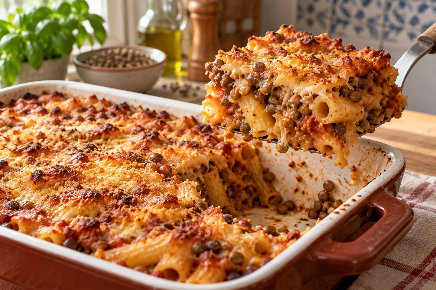 Una paletta solleva una porzione di pasta al forno con lenticchie dalla pirofila mostrando crosta dorata e interno umido