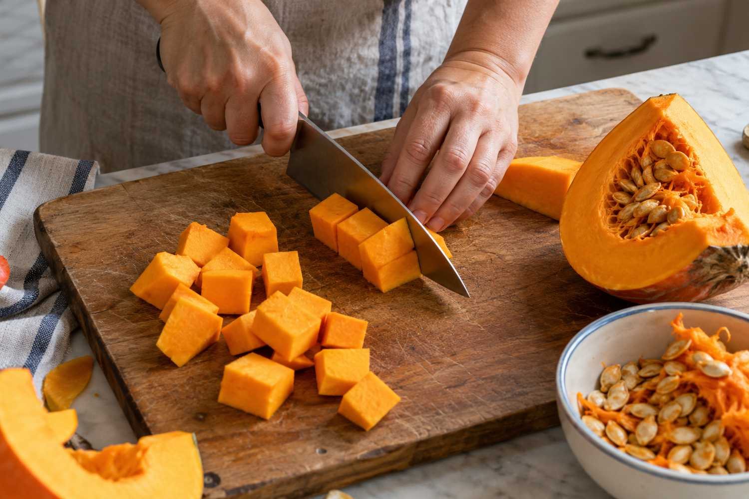 Mani che tagliano a cubetti la polpa arancione della zucca su un tagliere, accanto a un pezzo di zucca con i semi e a una ciotola di semi e filamenti