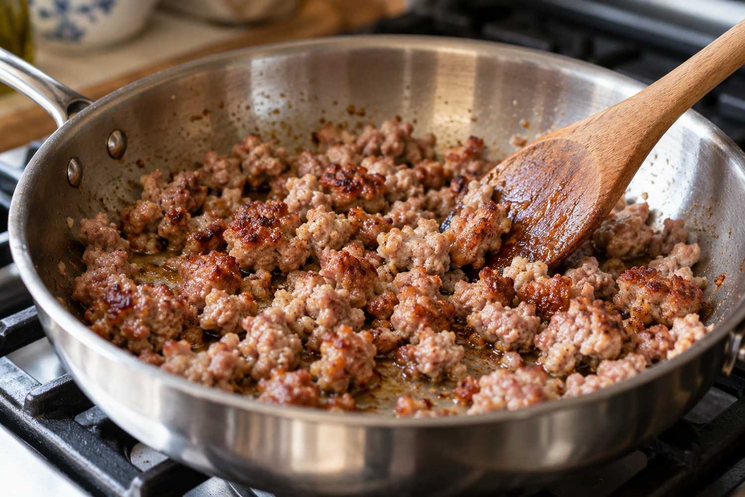 Salsiccia sbriciolata che rosola in una padella d'acciaio sul fornello, mescolata con un cucchiaio di legno