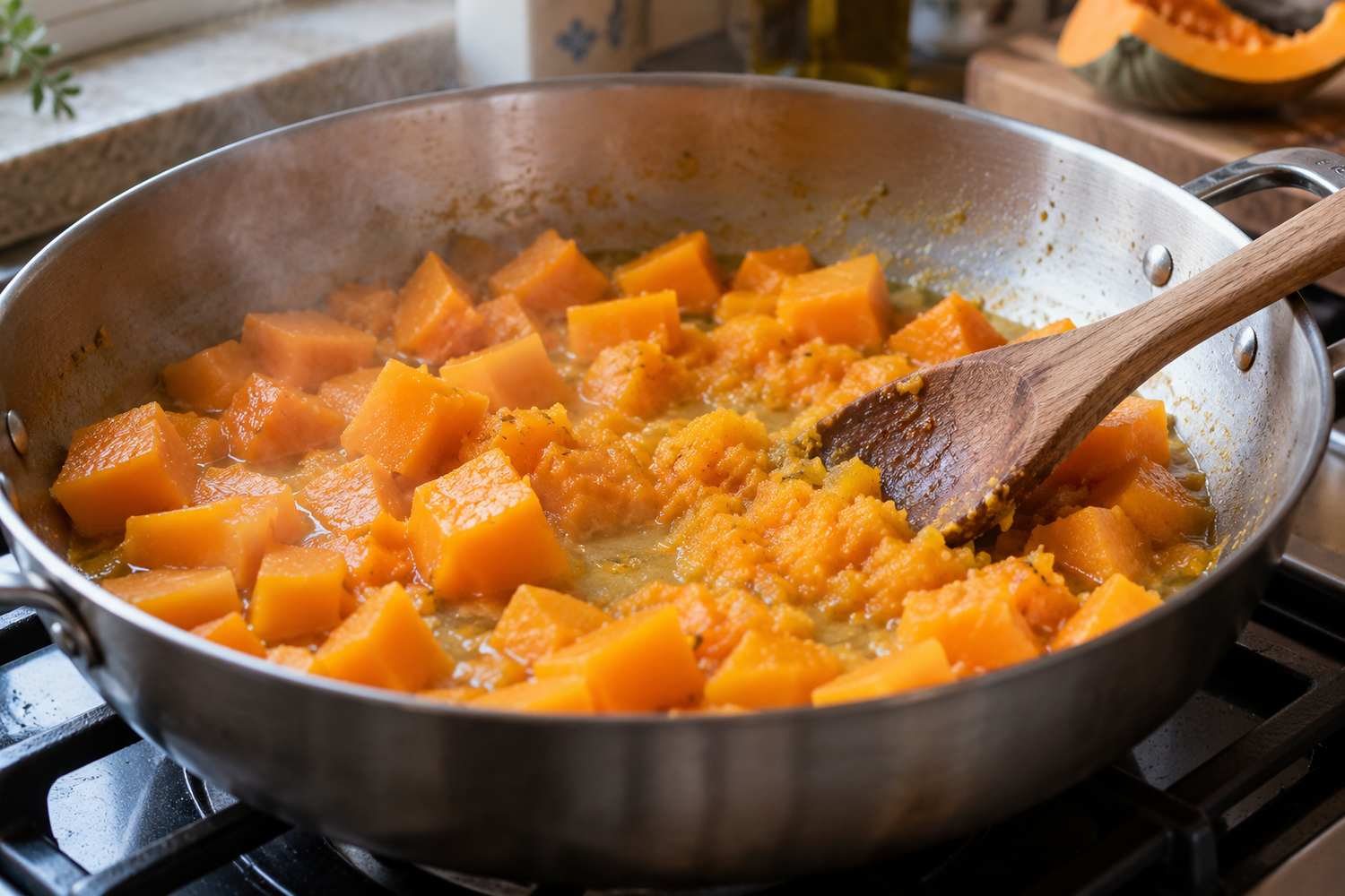 Cubetti di zucca che cuociono in una padella con poca acqua, mescolati con un cucchiaio di legno