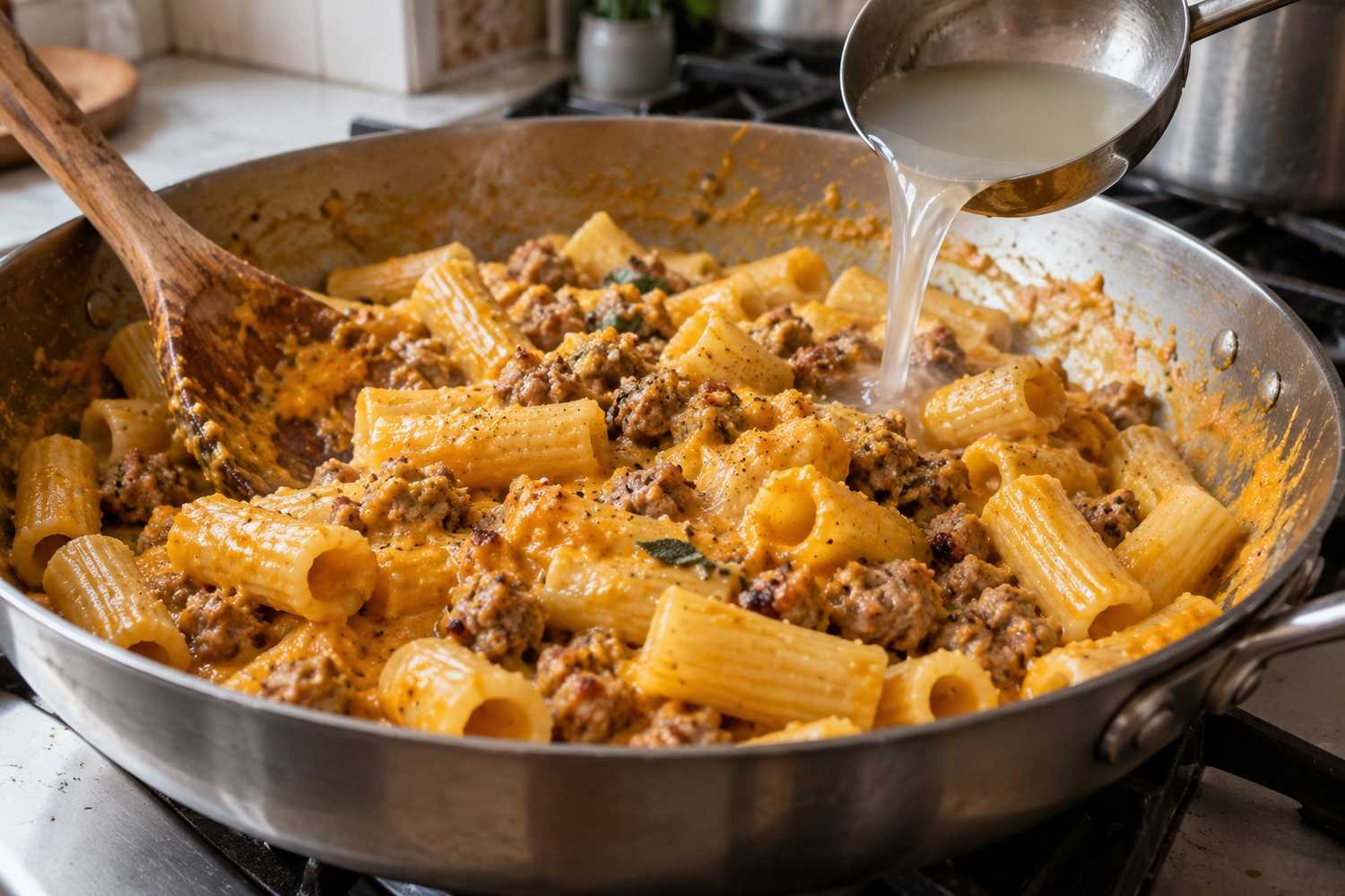 Rigatoni in padella con crema di zucca, salsiccia e foglie di salvia mentre un mestolo versa acqua di cottura