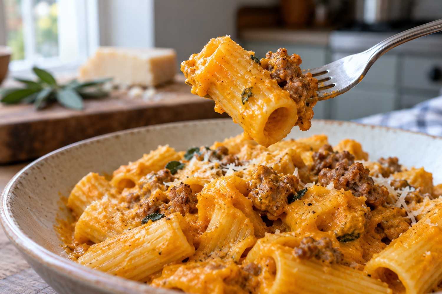 Una forchetta solleva un rigatone avvolto dalla crema di zucca con pezzetti di salsiccia sopra un piatto di pasta