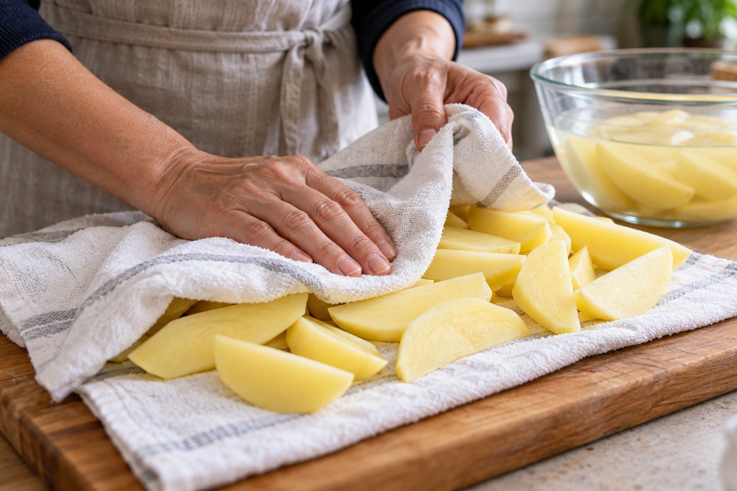 Due mani asciugano spicchi di patate crudi con un canovaccio pulito