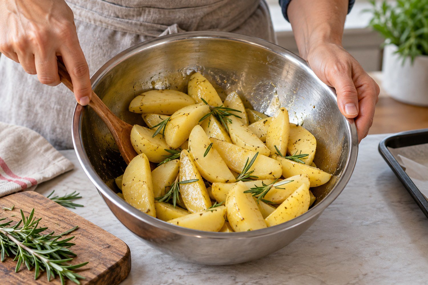 Una persona mescola spicchi di patate con olio e rosmarino in una ciotola