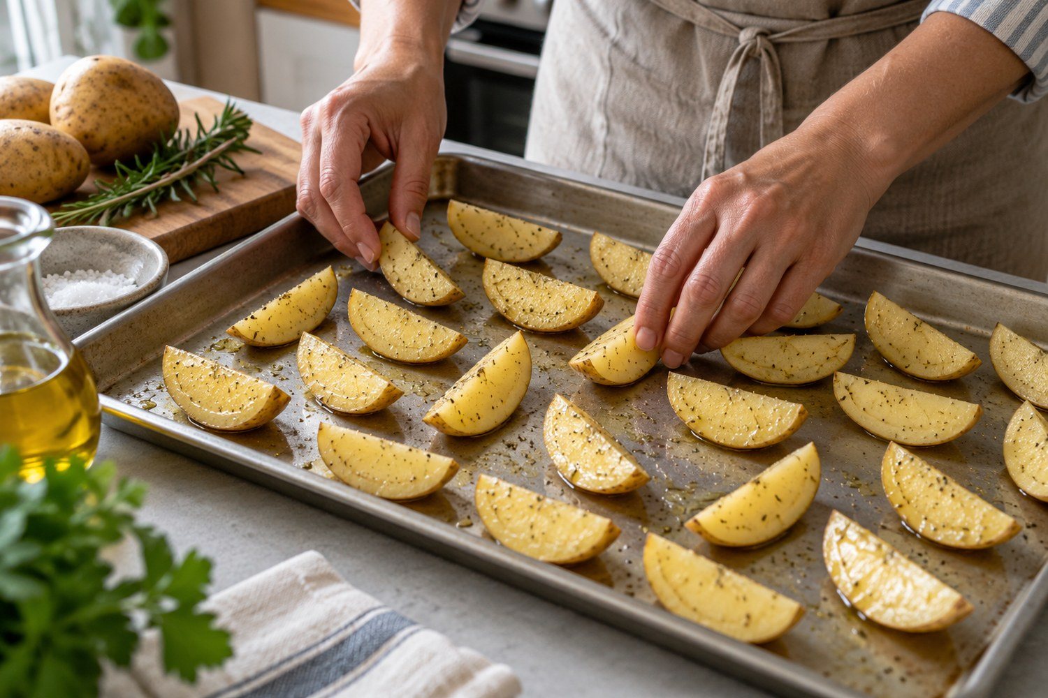 Due mani dispongono spicchi di patate su una teglia in un solo strato con spazio tra i pezzi