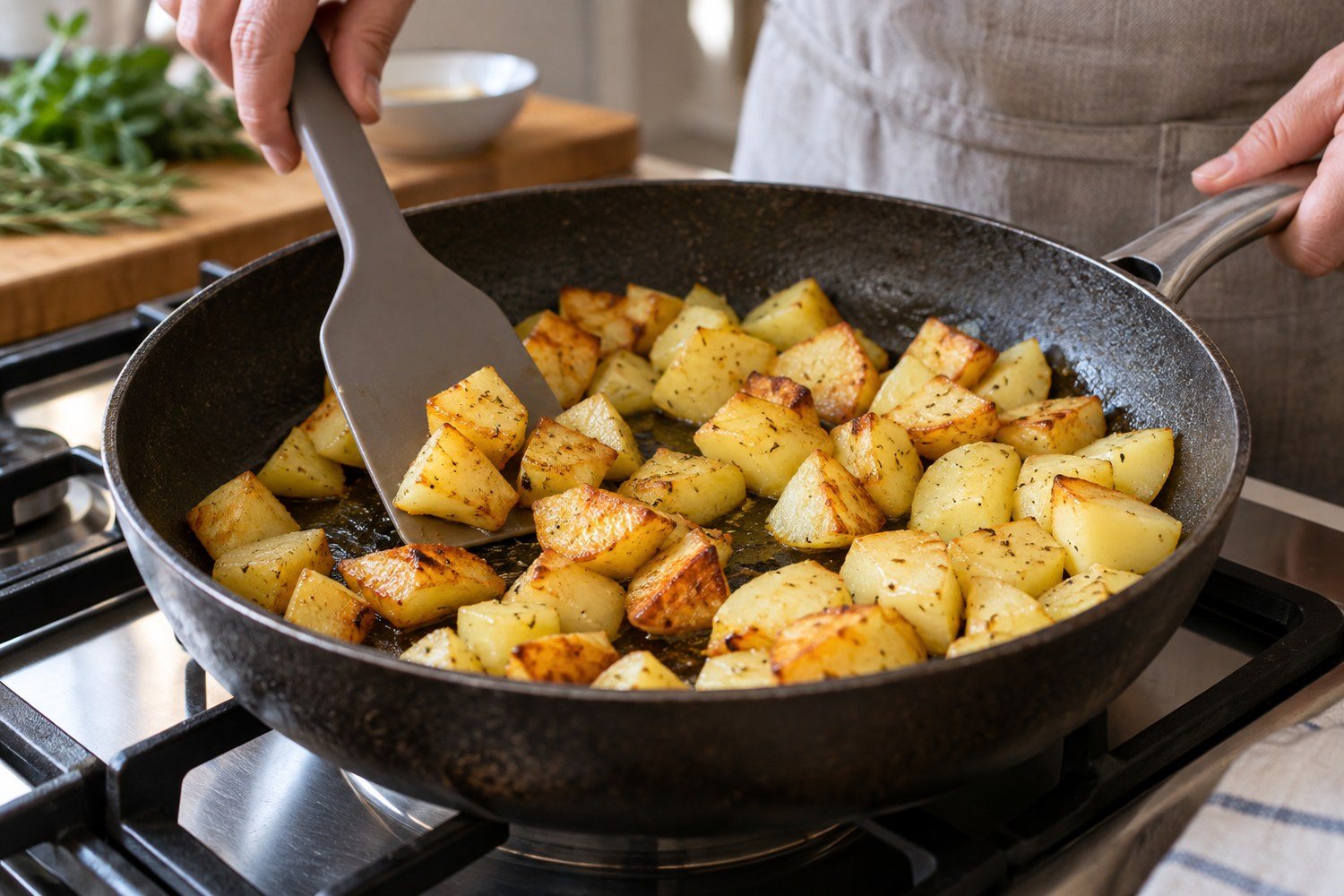 Una spatola gira cubetti di patate dorati in una padella