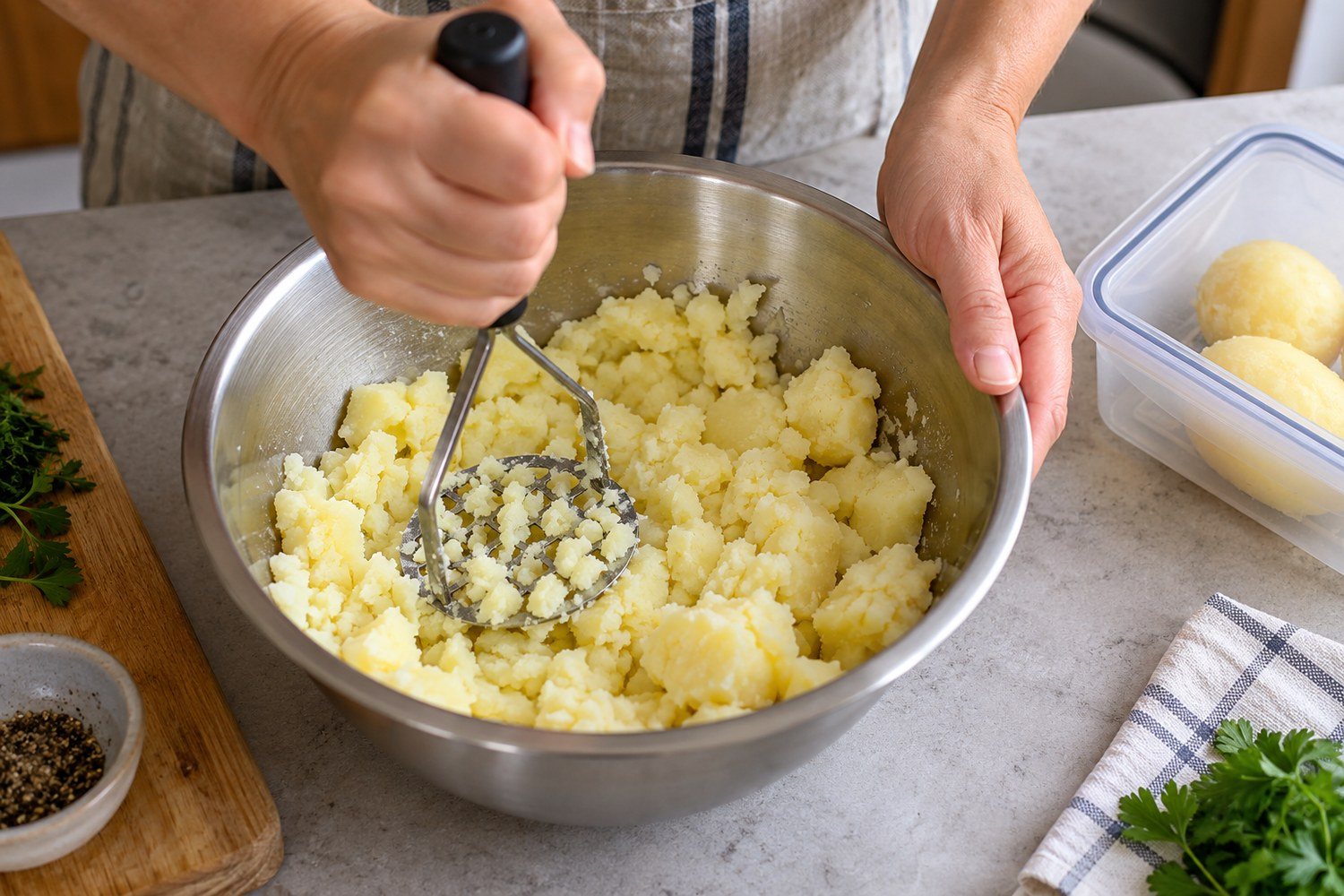 Patate lesse schiacciate con una forchetta in una ciotola d'acciaio