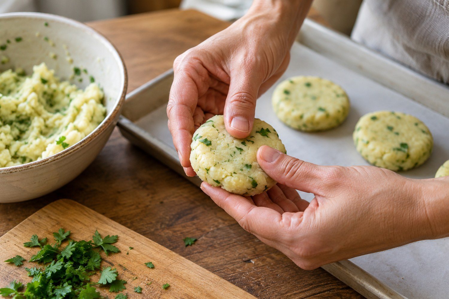 Due mani modellano una piccola polpetta appiattita di patate schiacciate con prezzemolo