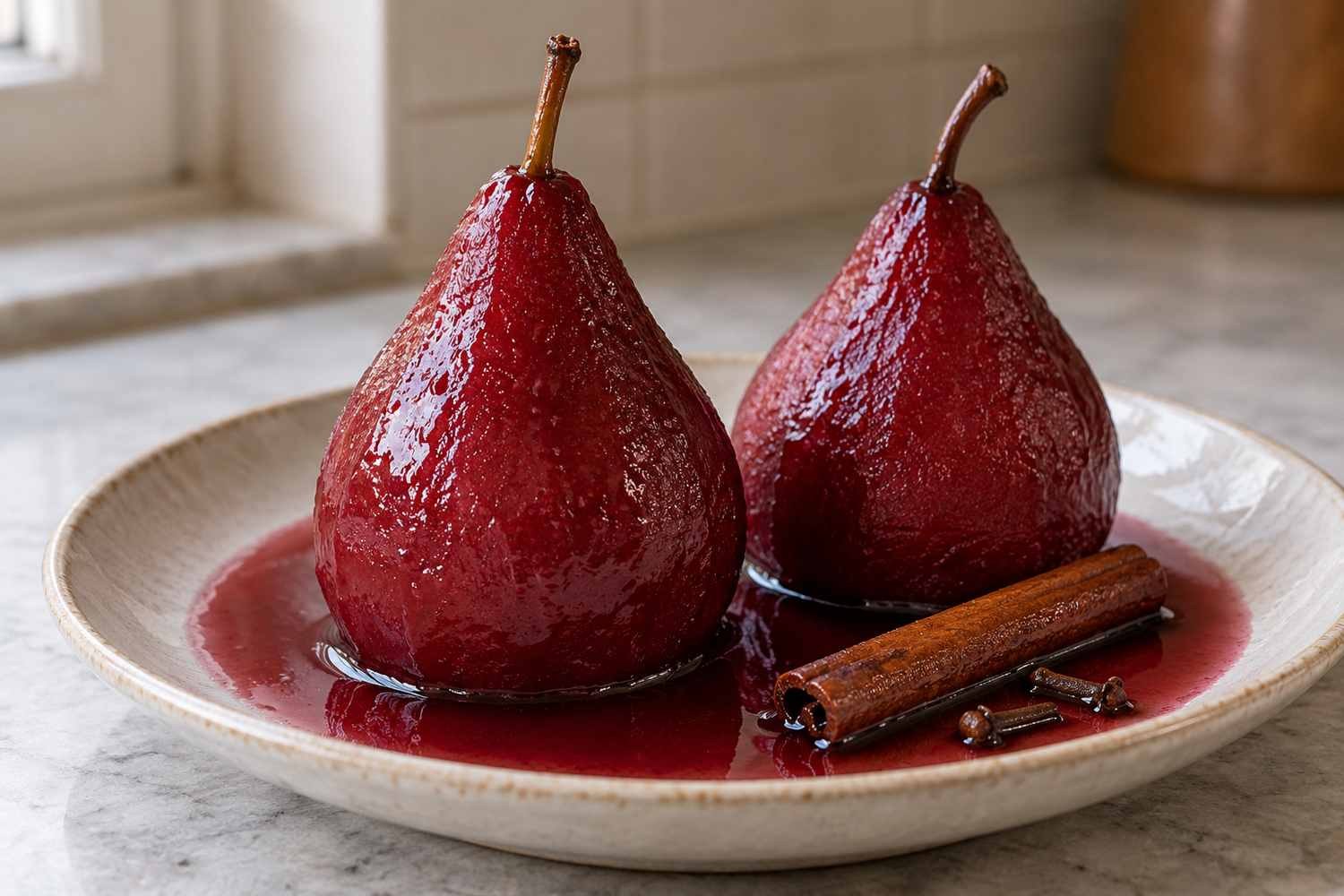 Pere cotte al vino rosso e spezie: la ricetta per servirle intere e lucide