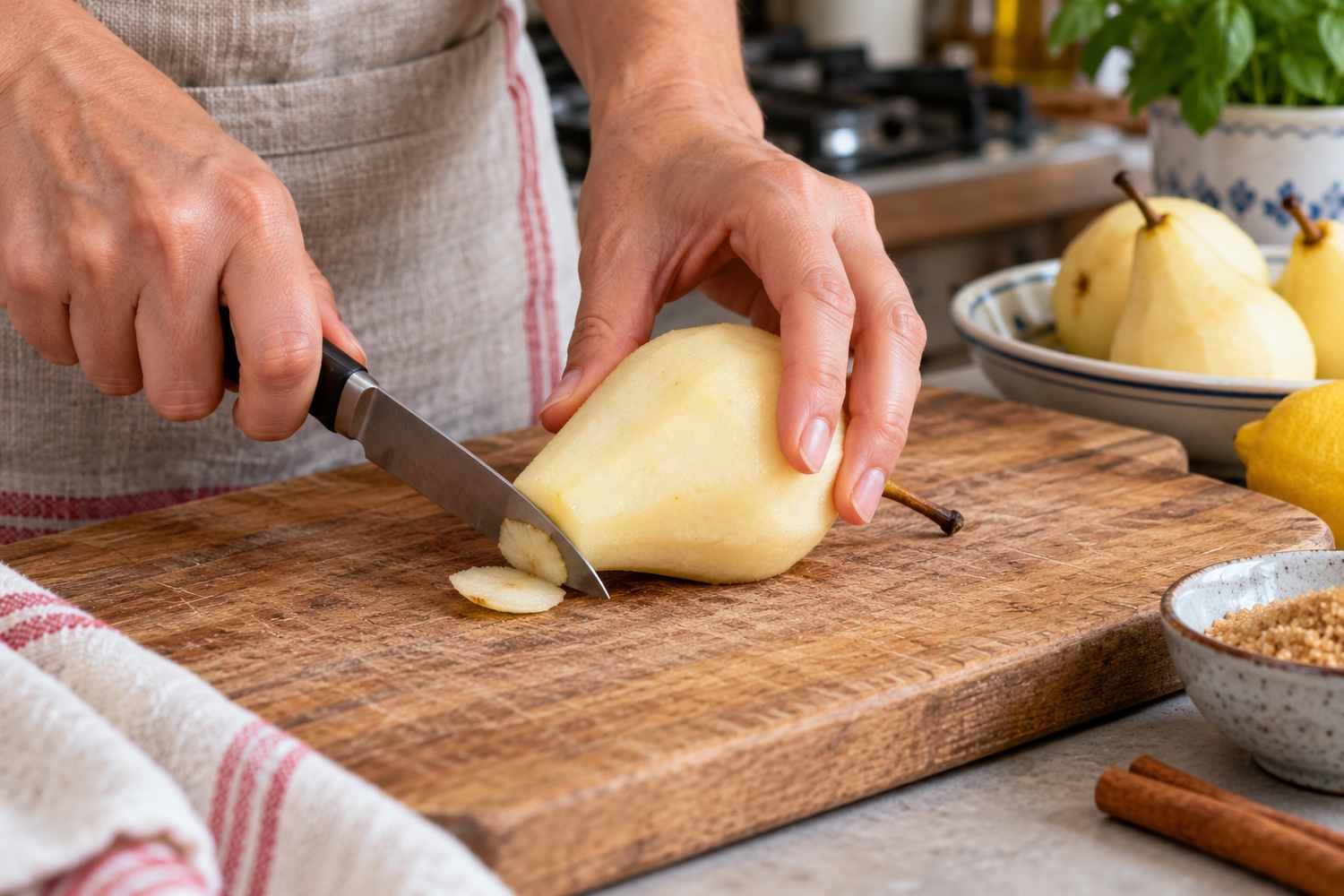 Un coltellino pareggia il fondo di una pera sbucciata appoggiata su un tagliere