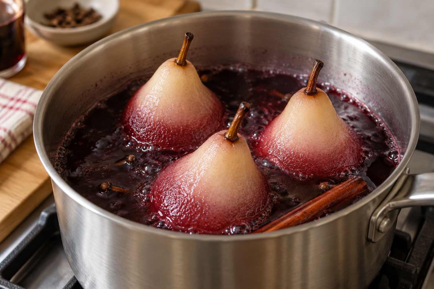 Pere intere con il picciolo immerse nel vino rosso con stecche di cannella in una pentola