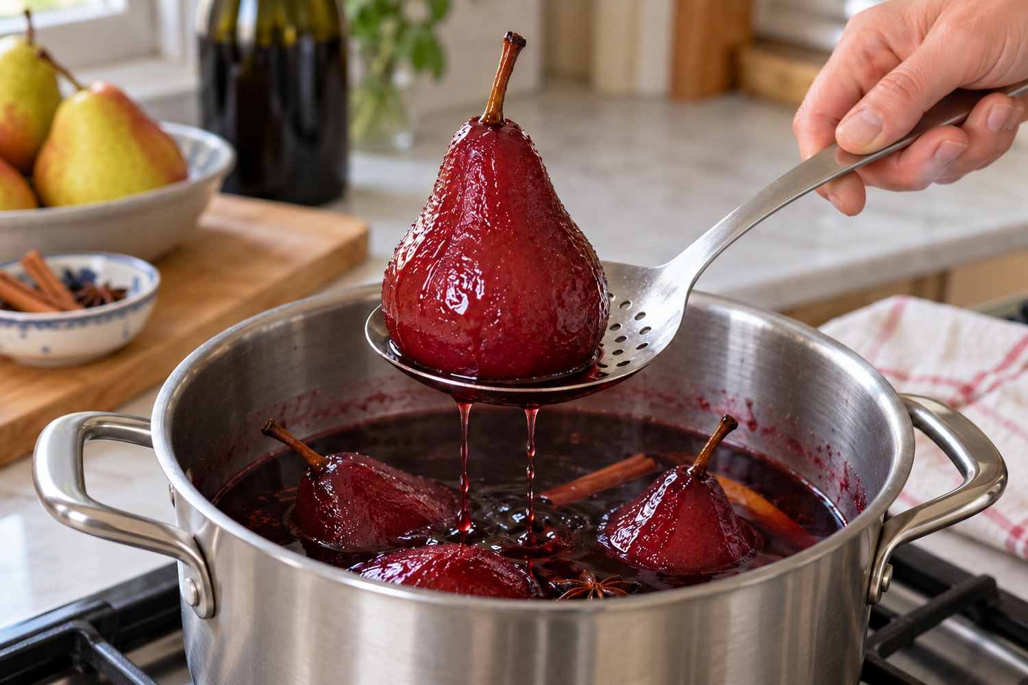 Una schiumarola solleva una pera rossa cotta dal vino che gocciola nella pentola