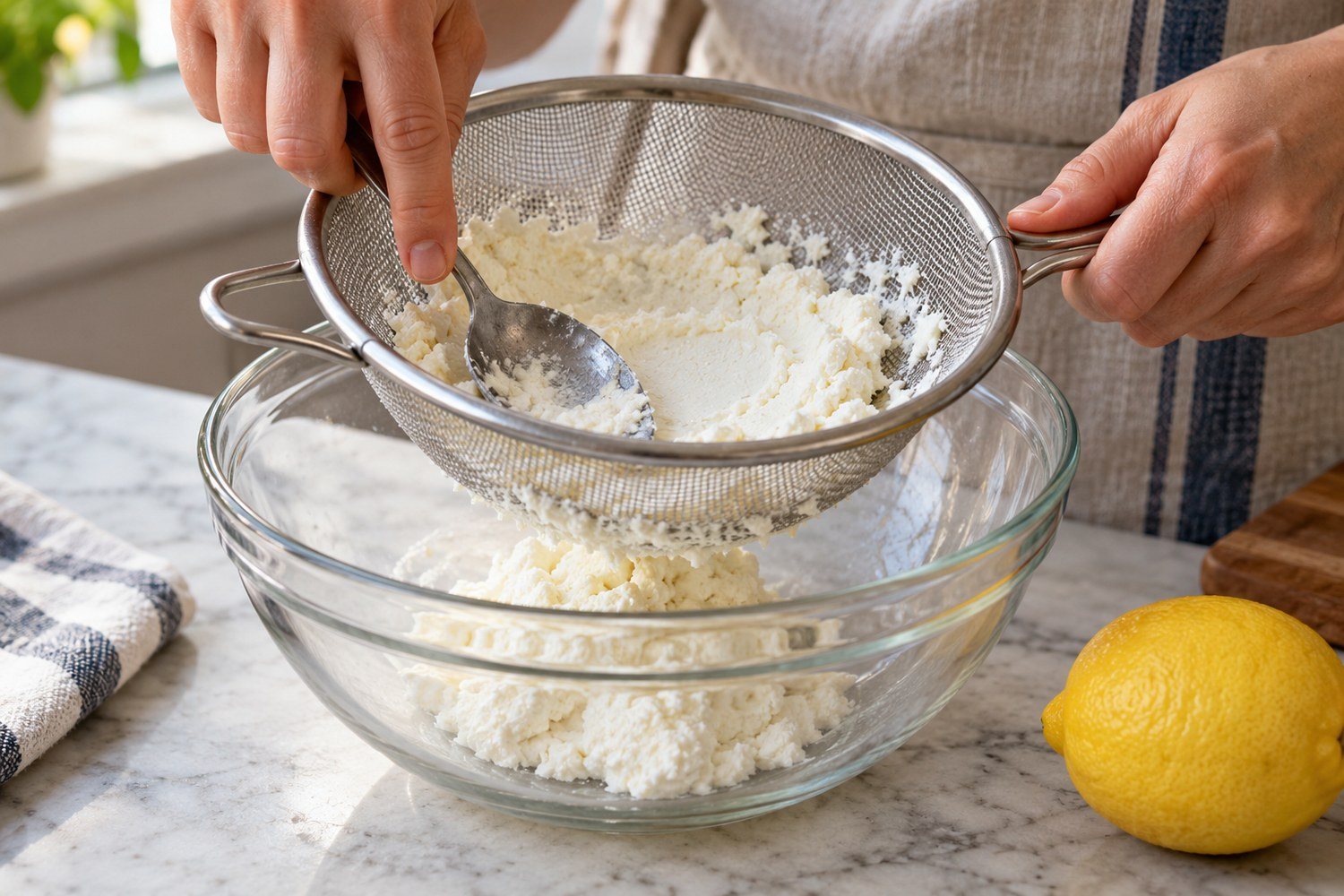 Un cucchiaio spinge la ricotta attraverso un setaccio a maglie fitte sopra una ciotola