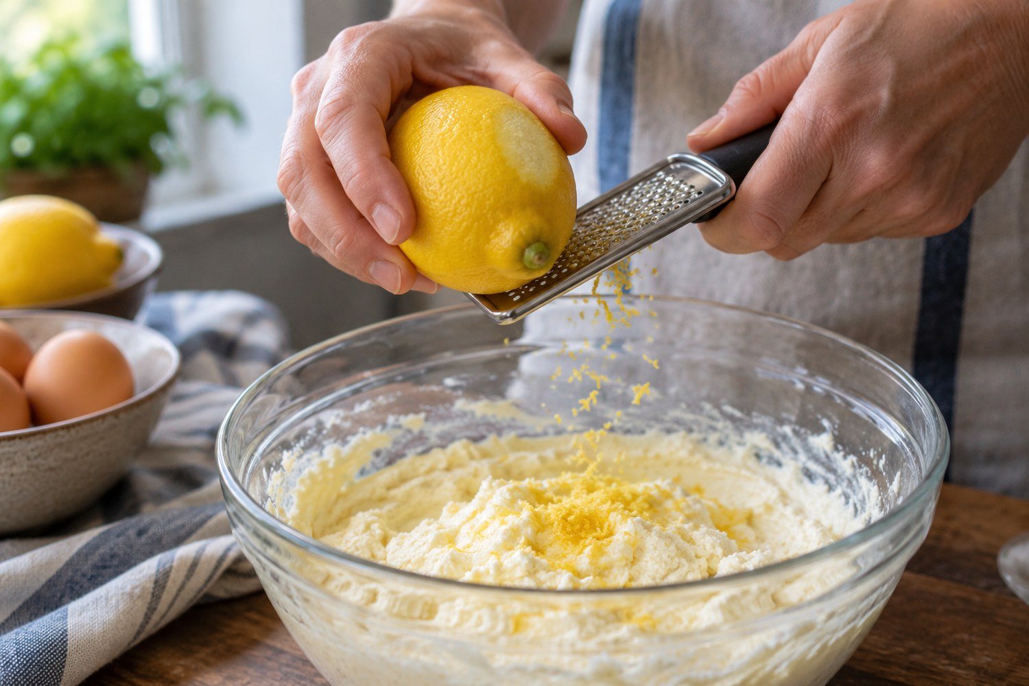 Una grattugia fine sfrega la scorza gialla di un limone sopra un composto chiaro di ricotta, uova e zucchero