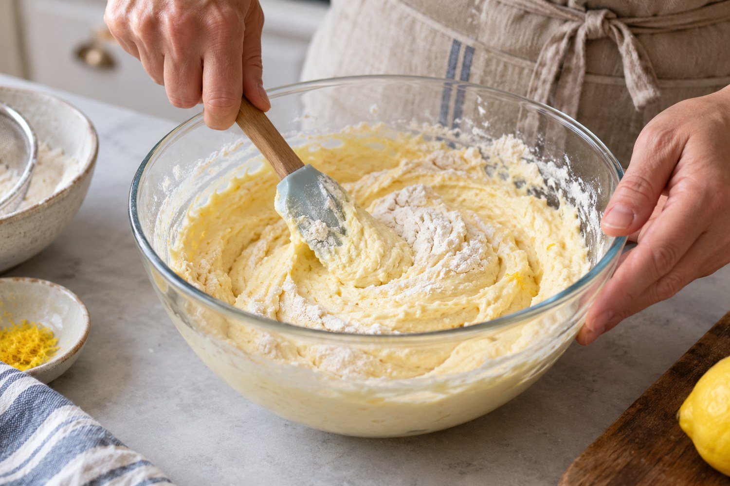 Una spatola incorpora la farina al composto di ricotta lasciando visibili alcune striature bianche