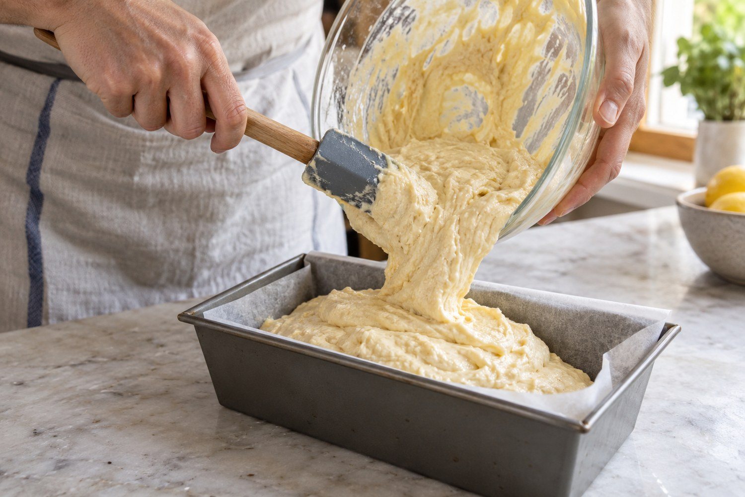 Una spatola trasferisce l'impasto chiaro del plumcake in uno stampo rettangolare rivestito di carta forno