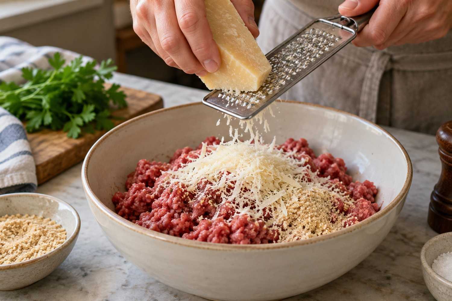 Una mano grattugia un pezzo di formaggio stagionato sopra la carne macinata in una ciotola bianca, con una ciotolina di pangrattato accanto
