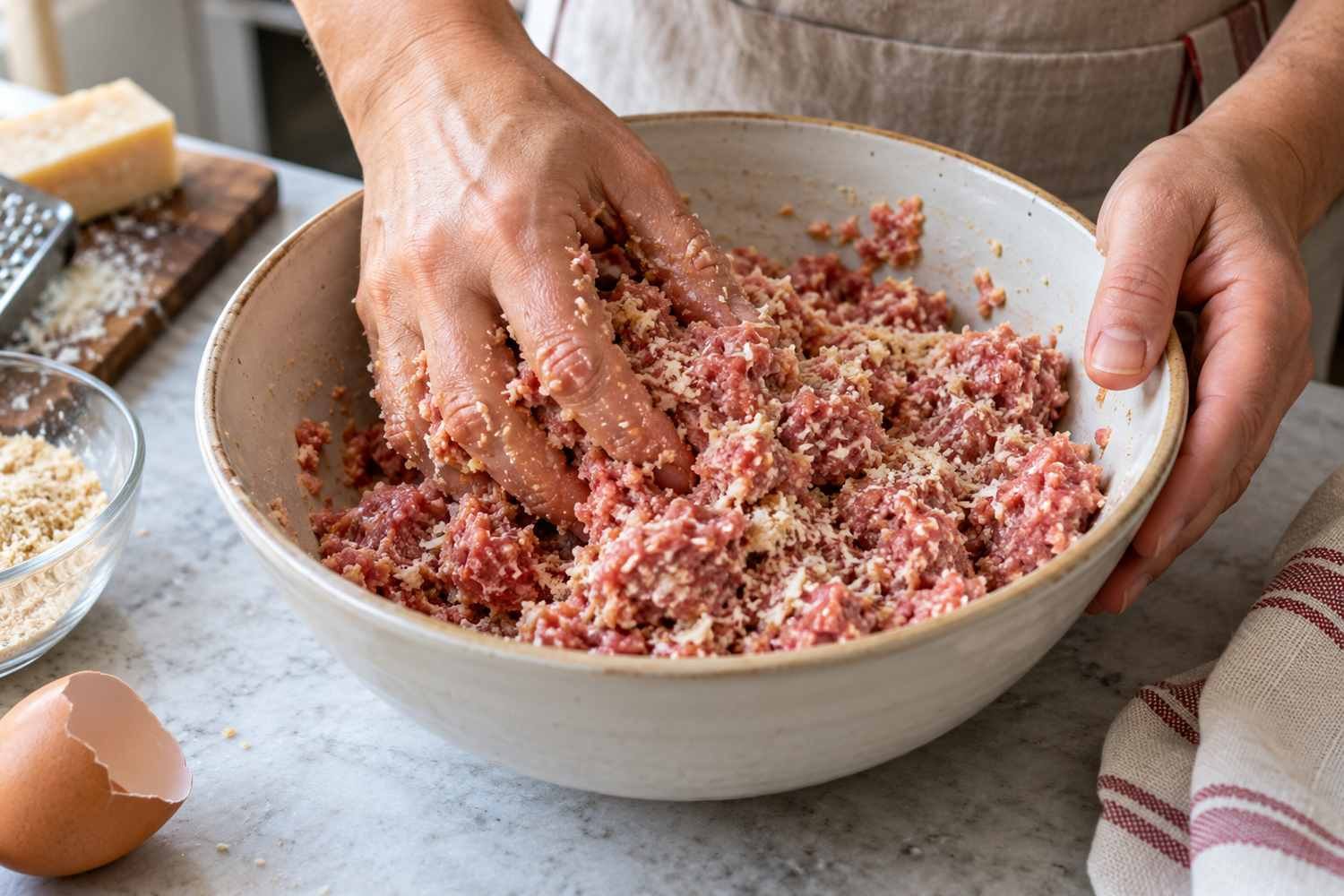 Due mani impastano in una ciotola carne macinata, formaggio grattugiato, uovo e pangrattato, con un guscio d'uovo rotto sul piano di lavoro