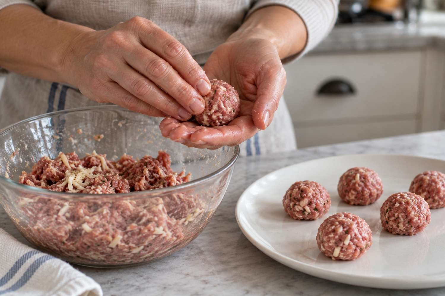 Due mani formano una polpetta di carne sopra una ciotola di vetro con l'impasto, accanto a un piatto bianco con altre polpette già pronte