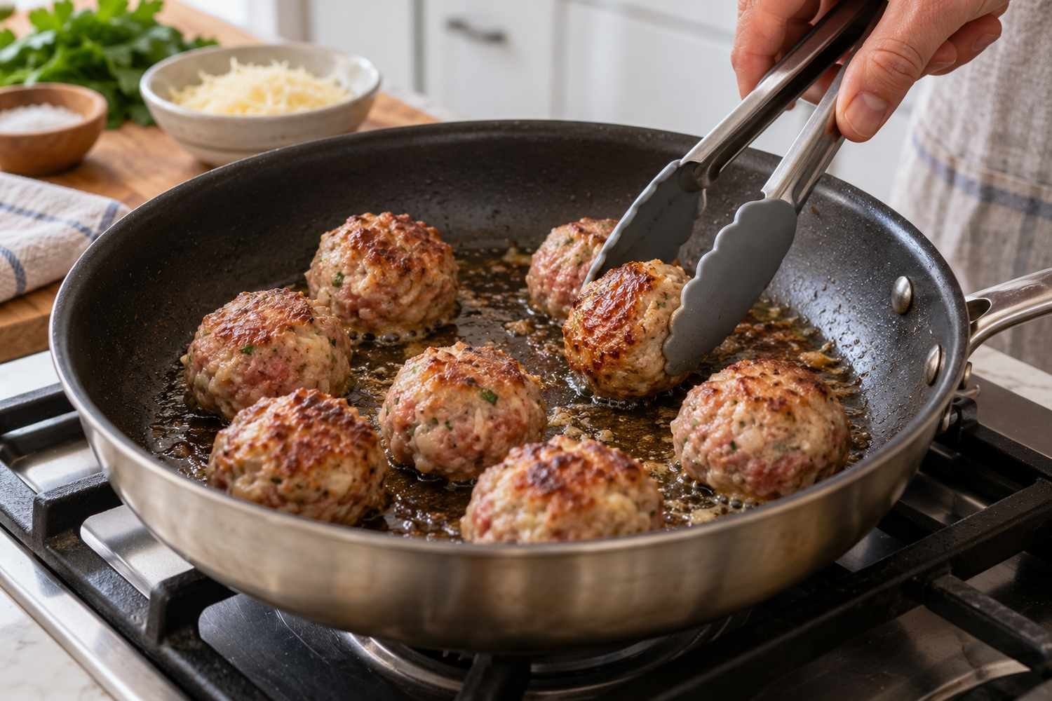 Una pinza gira polpette dorate in una padella sul fornello acceso