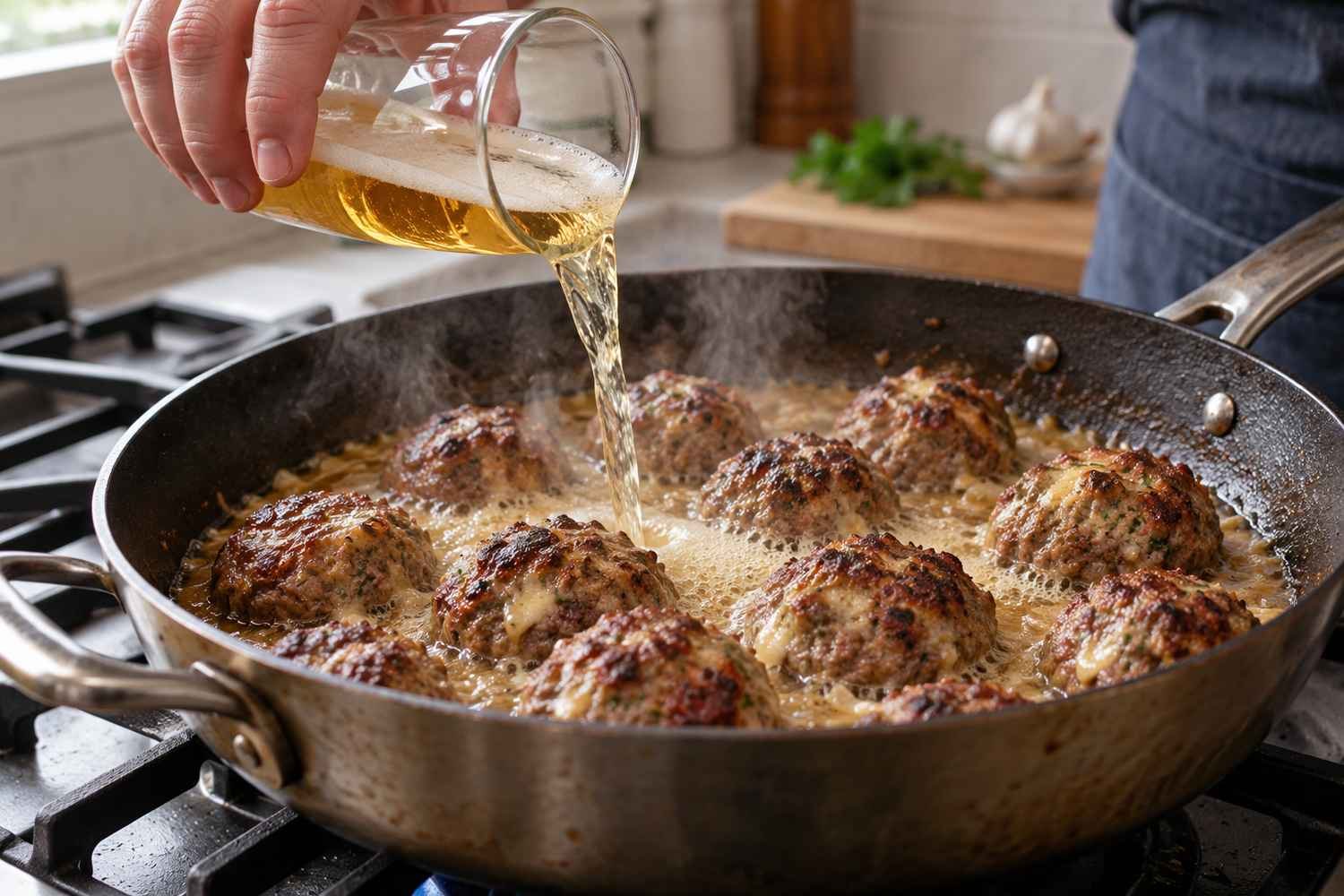 Birra chiara versata da un bicchiere in una padella con polpette rosolate, da cui sale vapore