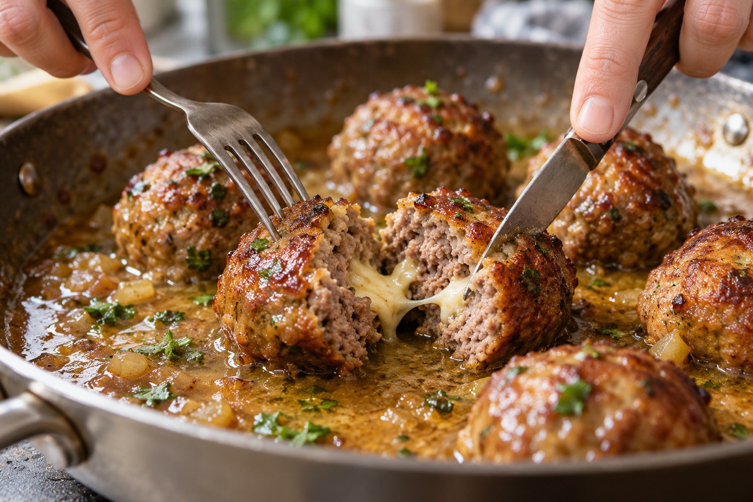 Una forchetta e un coltello aprono una polpetta nella padella con la salsa alla birra, mostrando il formaggio fuso che fila al centro