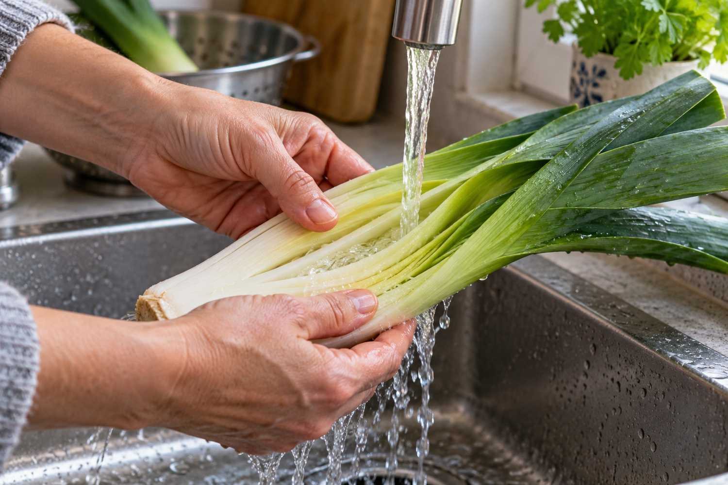 Mani che aprono un porro per il lungo e ne sciacquano gli strati sotto l'acqua corrente del rubinetto