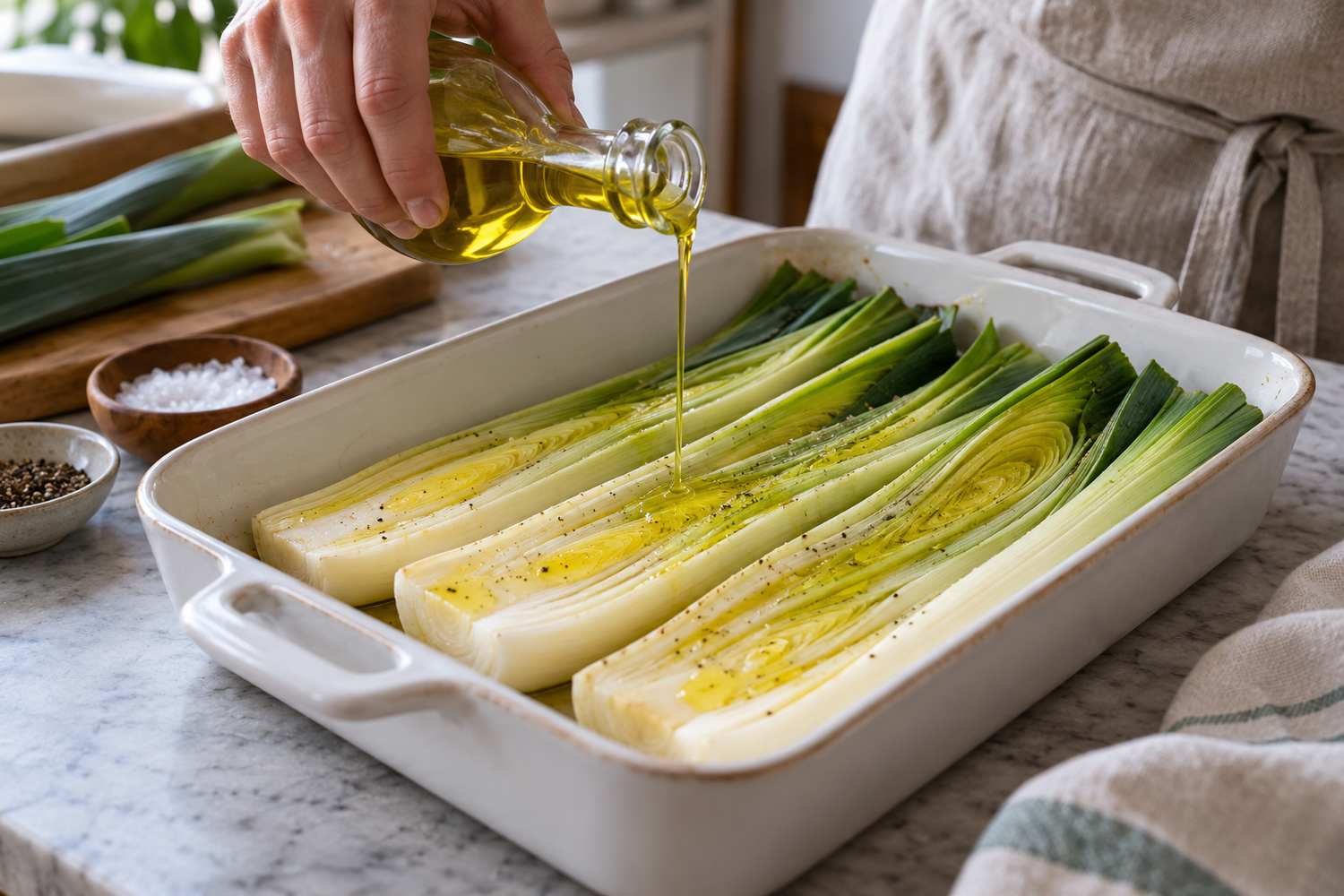 Una mano condisce con un filo d'olio i porri tagliati a metà e disposti in una pirofila
