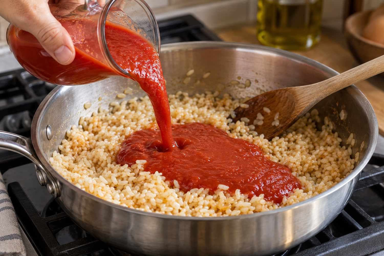 Passata di pomodoro versata sul riso tostato in una casseruola