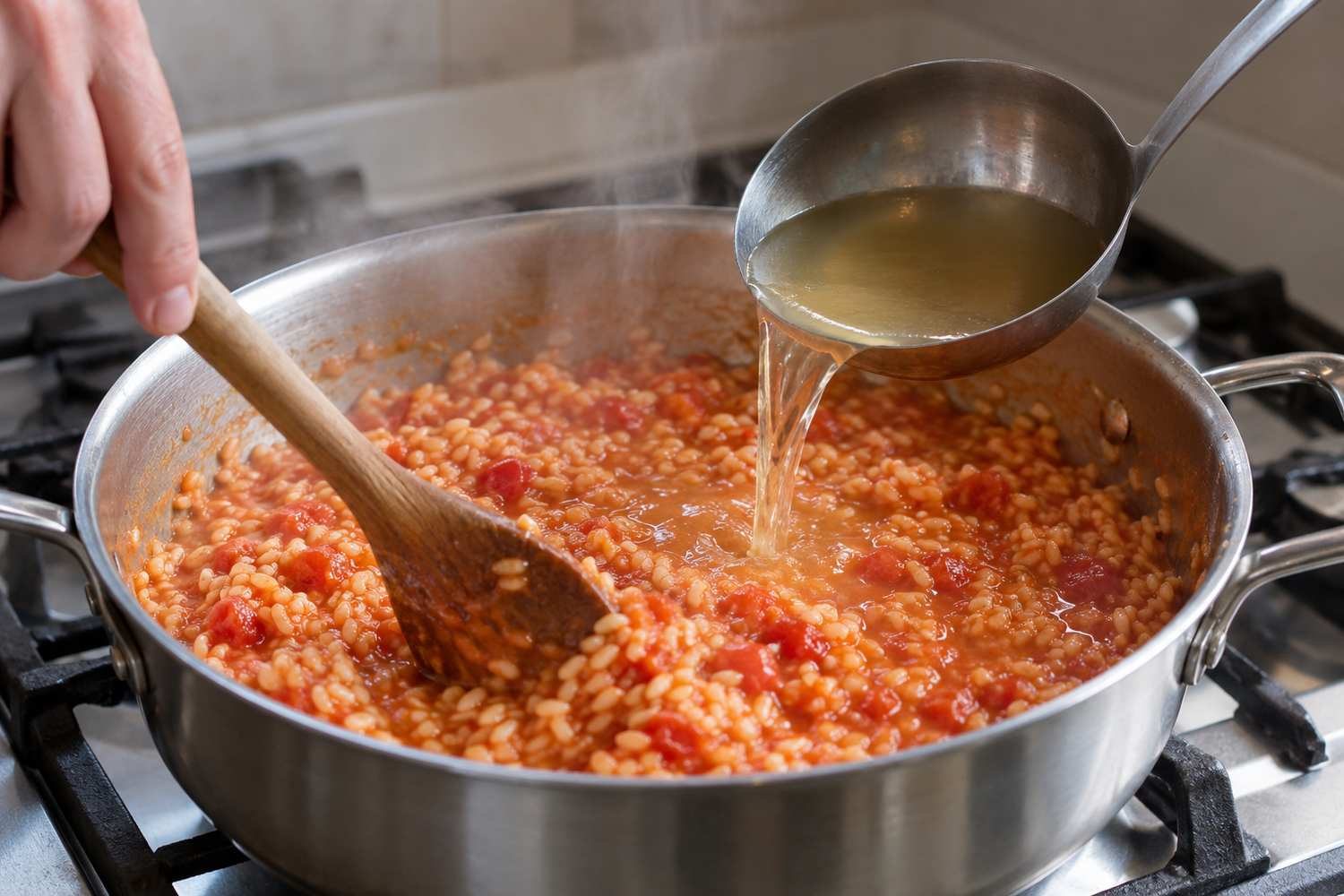 Mestolo che versa brodo caldo nel riso al pomodoro mentre un cucchiaio di legno mescola