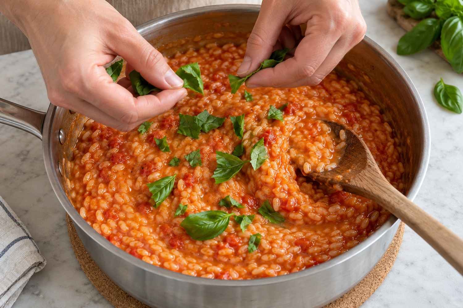Due mani che spezzettano foglie di basilico fresco sopra il risotto al pomodoro nella casseruola