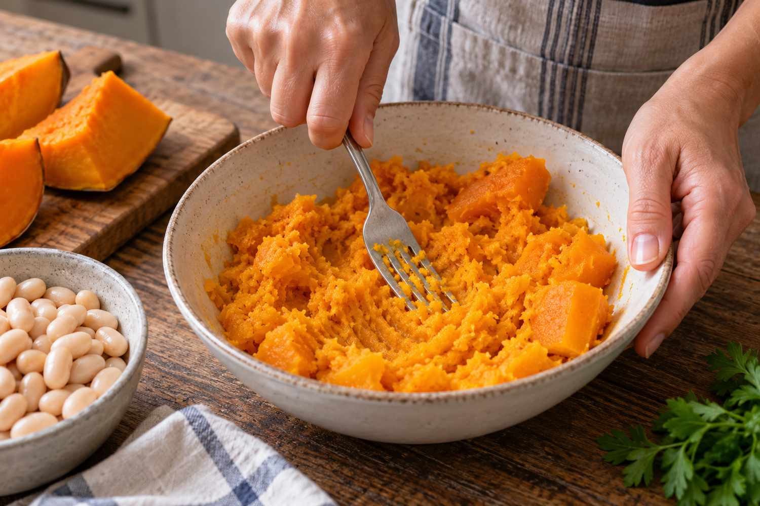 Una mano schiaccia con una forchetta pezzi di zucca cotta arancione in una ciotola bianca, accanto a una ciotolina di fagioli bianchi e spicchi di zucca cruda su un tagliere