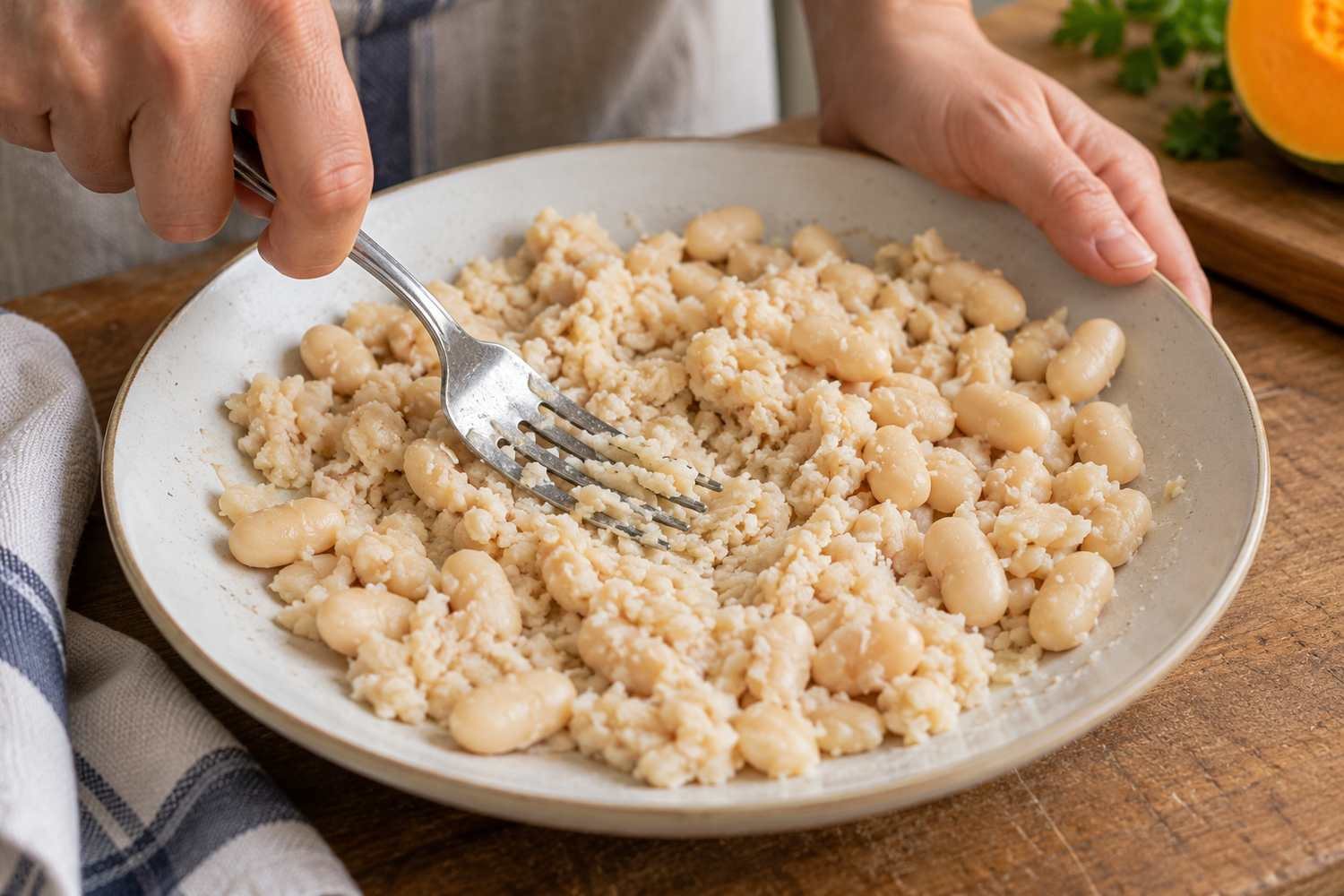 Fagioli cannellini cotti schiacciati con una forchetta su un piatto bianco, alcuni ancora interi