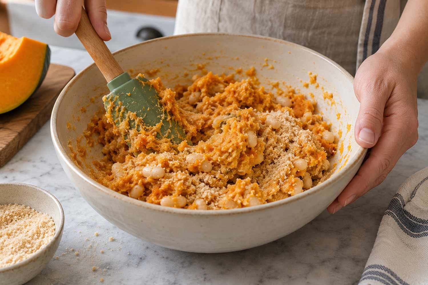 Una spatola verde mescola in una ciotola bianca un composto arancione di zucca, fagioli schiacciati e pangrattato, con una ciotolina di pangrattato accanto